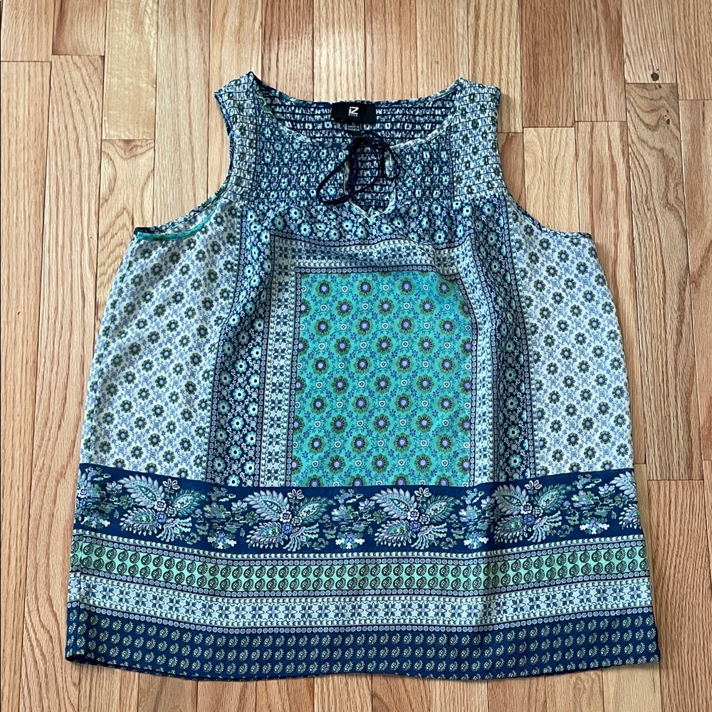 Iz Byer Sleeveless Top Womens Large Blue Floral Patchwork Print Farm Boho
